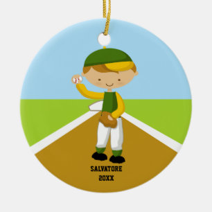Kute Baseball Player in Green & Yellow Ornament
