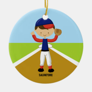 Kute Baseball Player in Red & Blue Ornament
