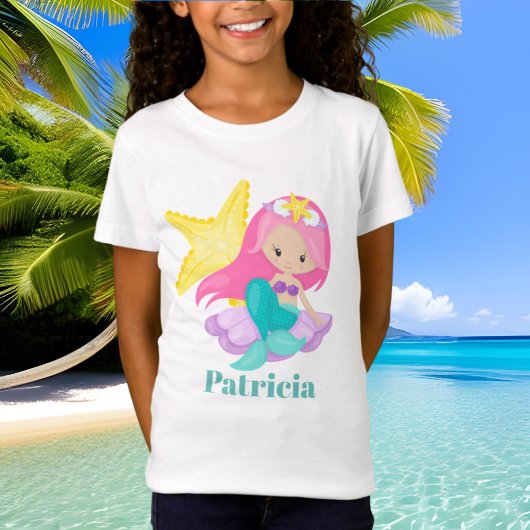 Kute Beach starfish and mermaid add name t shirt