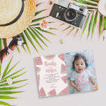 Kute Bedankt op de Melon Waterverf Watermelon Birt<br><div class="desc">Een modern en chic bedankt je kaart voor je gasten in het roze watermeloen thema met een roze waterverf watermeloen als achtergrond en een schattige verjaardagfoto van je kleine.</div>