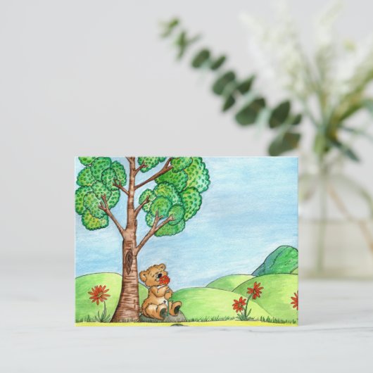 Kute Beer met Briefkaart Flowers (Staand voorkant)