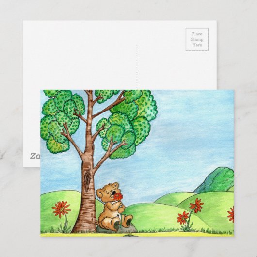 Kute Beer met Briefkaart Flowers (Voorkant / Achterkant)