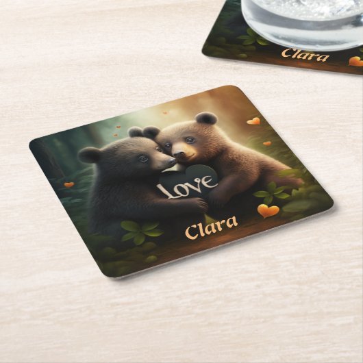 Kute beren in liefdesomhelzing kartonnen onderzetters (Schuin)