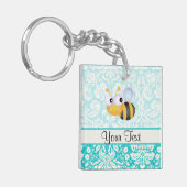Kute bij; Blauwgroen Damaspatroon Sleutelhanger (Voorkant Links)