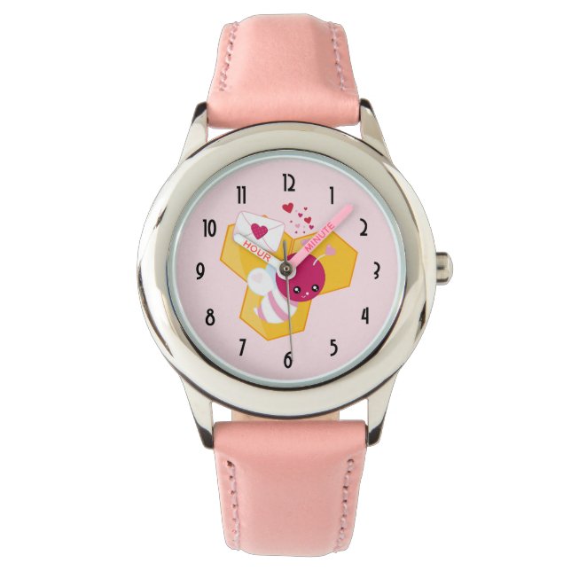 Kute bij met roze Valentijn harten Horloge (Voorkant)