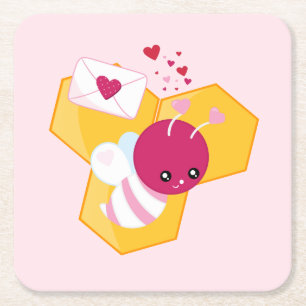 Kute bij met roze Valentijn harten Kartonnen Onderzetters