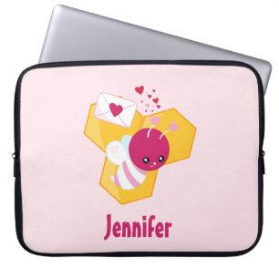 Kute bij met roze Valentijn harten Laptop Sleeve