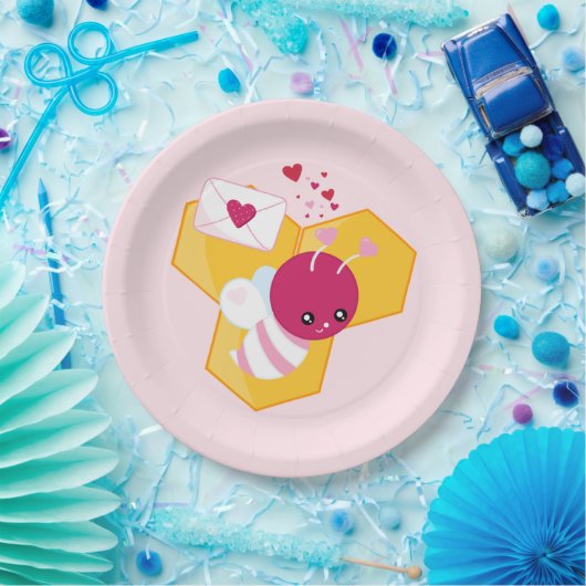 Kute bij met roze Valentijn harten Papieren Bordje (Feest)