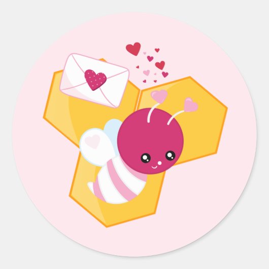 Kute bij met roze Valentijn harten Ronde Sticker (Voorkant)