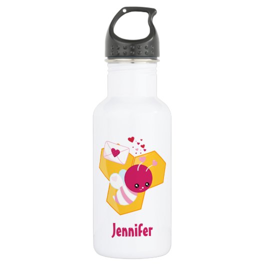 Kute bij met roze Valentijn harten Waterfles (Voorkant)