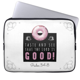Kute Bijbel Verse Psalm 34:8 met Roze Doughnut Laptop Sleeve