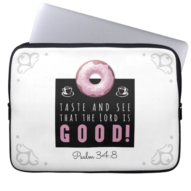 Kute Bijbel Verse Psalm 34:8 met Roze Doughnut Laptop Sleeve (Voorkant)