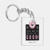 Kute Bijbel Verse Psalm 34:8 met Roze Doughnut Sleutelhanger (Voorkant Links)