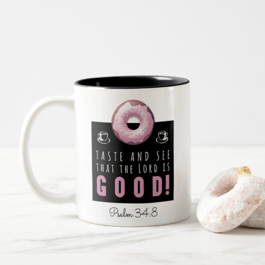Kute Bijbel Verse Psalm 34:8 met Roze Doughnut Tweekleurige Koffiemok (Met donut)