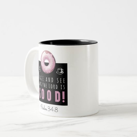 Kute Bijbel Verse Psalm 34:8 met Roze Doughnut Tweekleurige Koffiemok (Voorkant links)