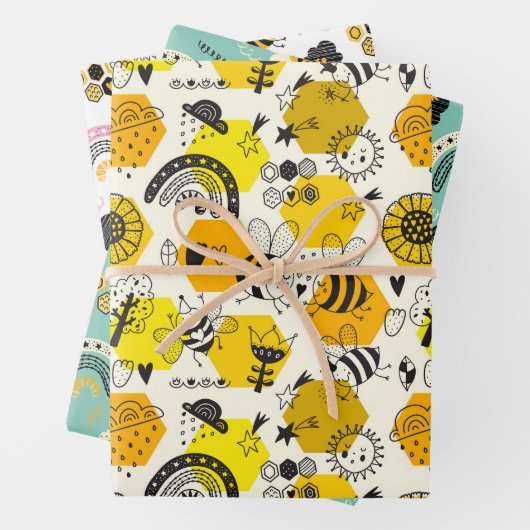 Kute bijen die het blad van 3 invullen inpakpapier vel (In situ)