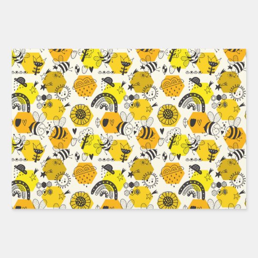 Kute bijen die het blad van 3 invullen inpakpapier vel (Voorkant)