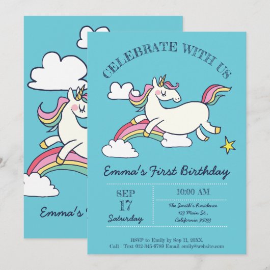 Kute Birthday Doodle Rainbow Unicorn and Stars. Kaart (Voorkant / Achterkant)