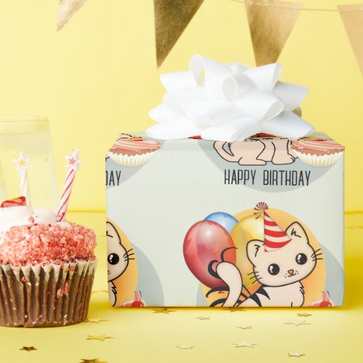 Kute Birthday Kat Wrapping Paper Cadeaupapier (Verjaardagsfeest)