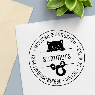 Kute Black Cat Couple Family Round Address Zelfinktende Stempel