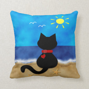Kute Black Cat Summer Ocean Beach Thema Kussen