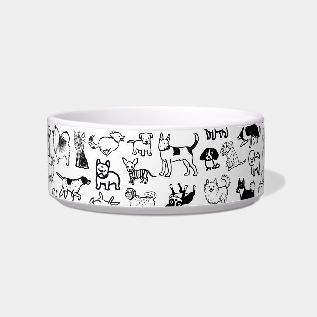 Kute Black en White Dog Drawings Pet Voerbakje (Links)