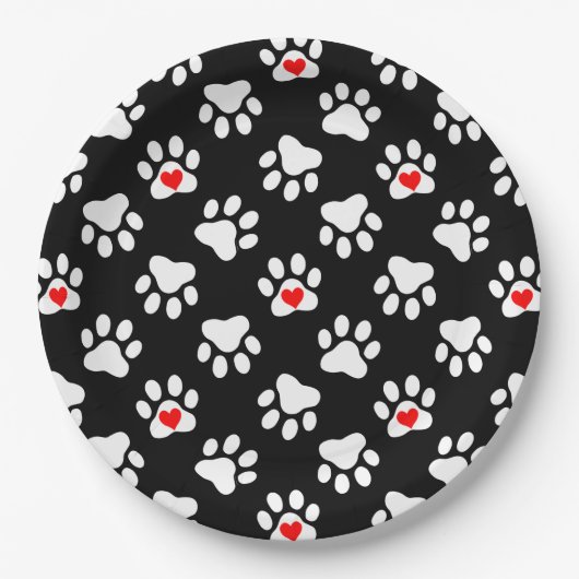 Kute Black en White Dog Paws met hartspatroon Papieren Bordje (Voorkant)