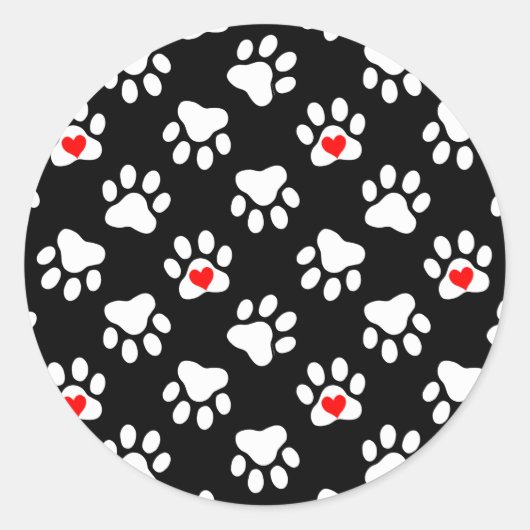 Kute Black en White Dog Paws met hartspatroon Ronde Sticker (Voorkant)