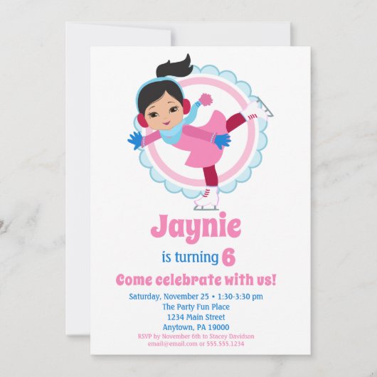 Kute Black Hair Ice Skating Birthday Party Kaart (Voorkant)