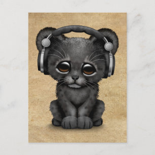 Kute Black Panther Cub Dj met hoofdtelefoon Briefkaart