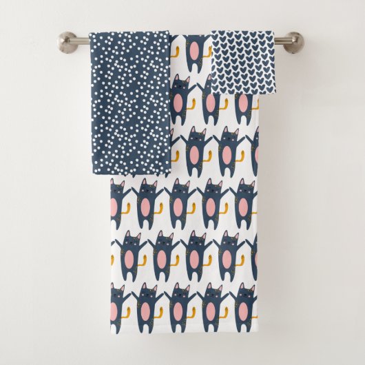 Kute blauwe katten, hart en pokadots bad handdoek (Insitu)