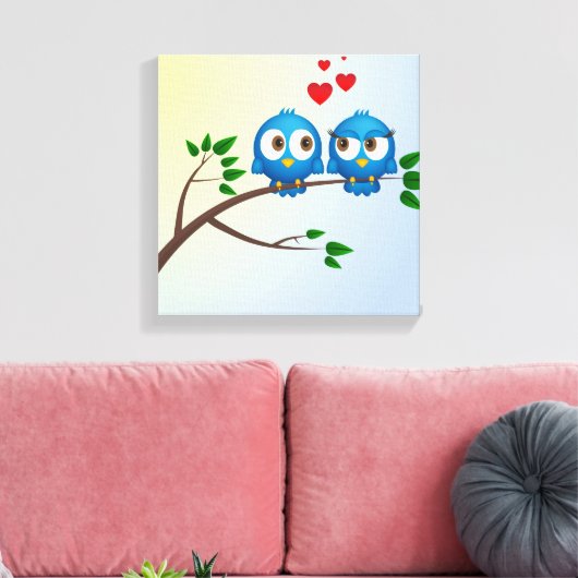 Kute blauwe vogels in de cartoon canvas afdruk (Insitu (Woonkamer))