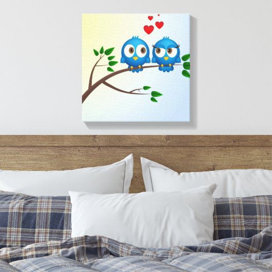 Kute blauwe vogels in de cartoon canvas afdruk (Insitu (Slaapkamer))