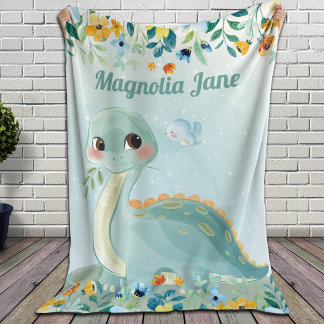 Kute Blauwgroen Dinosaur Blanket met Blush Flowers Sherpa Deken