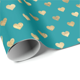 Kute Blauwgroen Gold Hearts Pattern Wrapping Paper Cadeaupapier