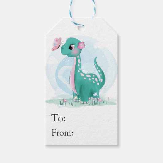 Kute Blauwgroen Roze Dinosaur Butterfly Girl Baby  Cadeaulabel (Voorkant)