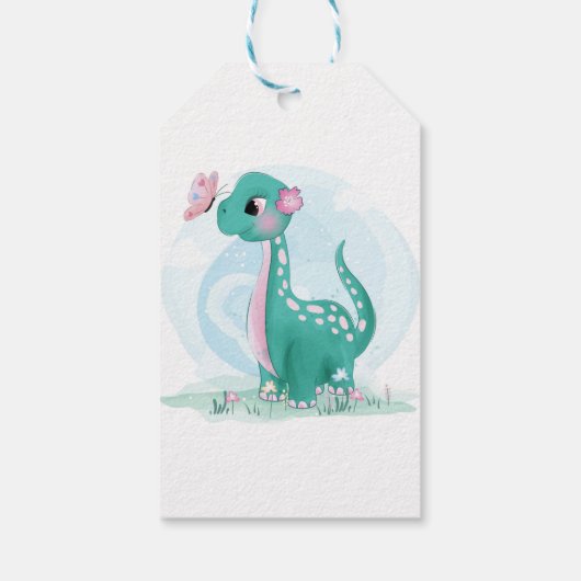 Kute Blauwgroen Roze Dinosaur Butterfly Girl Baby Cadeaulabel (Achterkant)