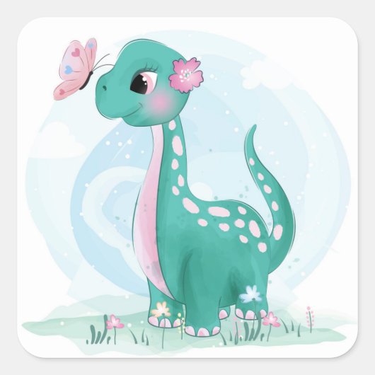 Kute Blauwgroen Roze Dinosaur Butterfly Girl Baby  Vierkante Sticker (Voorkant)