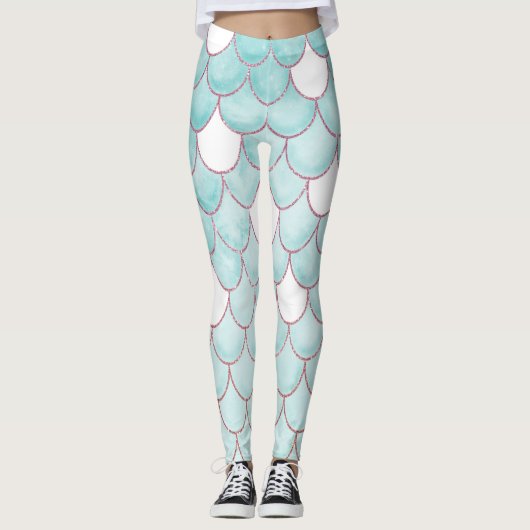 Kute Blauwgroen roze Waterverf Zeemeerminescales Leggings (Voorkant)