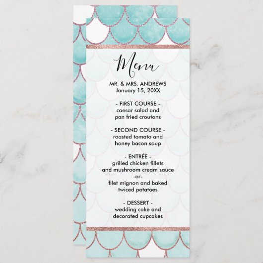 Kute Blauwgroen roze Waterverf Zeemeerminescales Menu (Voorkant / Achterkant)