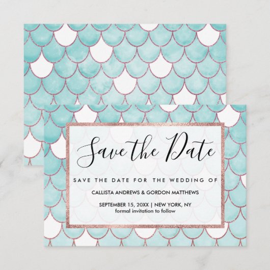 Kute Blauwgroen roze Waterverf Zeemeerminescales Save The Date (Voorkant / Achterkant)