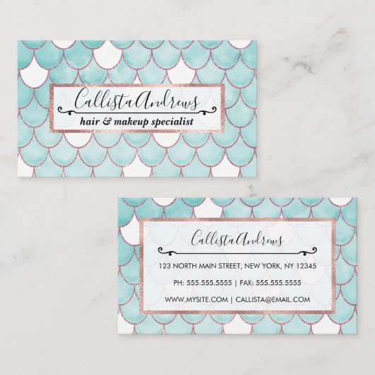 Kute Blauwgroen roze Waterverf Zeemeerminescales Visitekaartje (Voorkant / Achterkant)