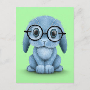 Kute Blue Baby Bunny Wearing Glasses on Green Briefkaart