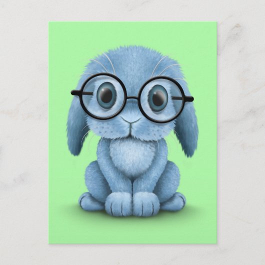 Kute Blue Baby Bunny Wearing Glasses on Green Briefkaart (Voorkant)