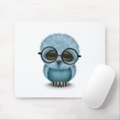 Kute Blue Baby Owl Wearing Glasses on White Muismat (Met muis)