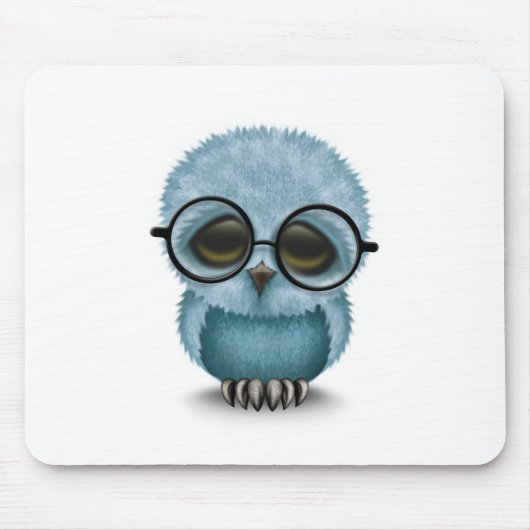 Kute Blue Baby Owl Wearing Glasses on White Muismat (Voorkant)