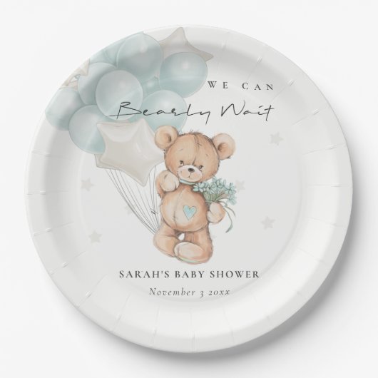 Kute Blue Barly Wait Beer Balloon Baby shower Papieren Bordje (Voorkant)