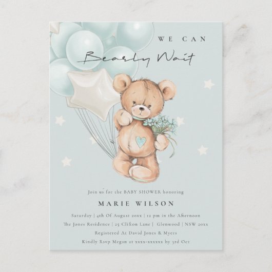 Kute Blue Beer Barly Wait Balloon Baby shower Briefkaart (Voorkant)
