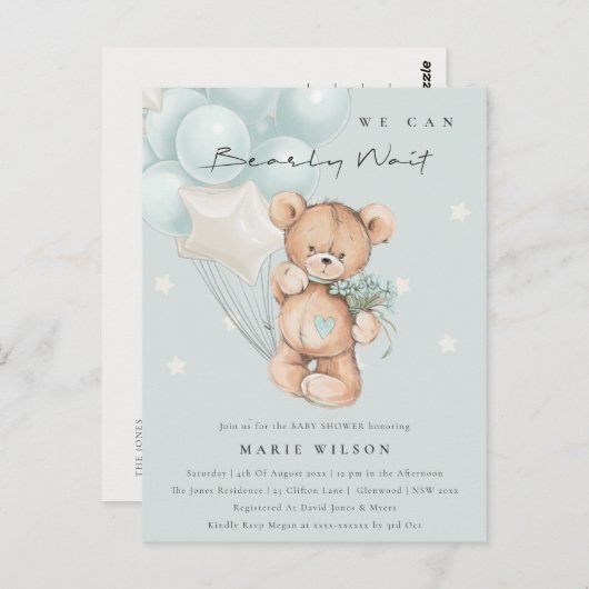 Kute Blue Beer Barly Wait Balloon Baby shower Briefkaart (Voorkant / Achterkant)