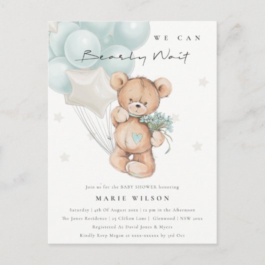 Kute Blue Beer Barly Wait Balloon Baby shower Briefkaart (Voorkant)